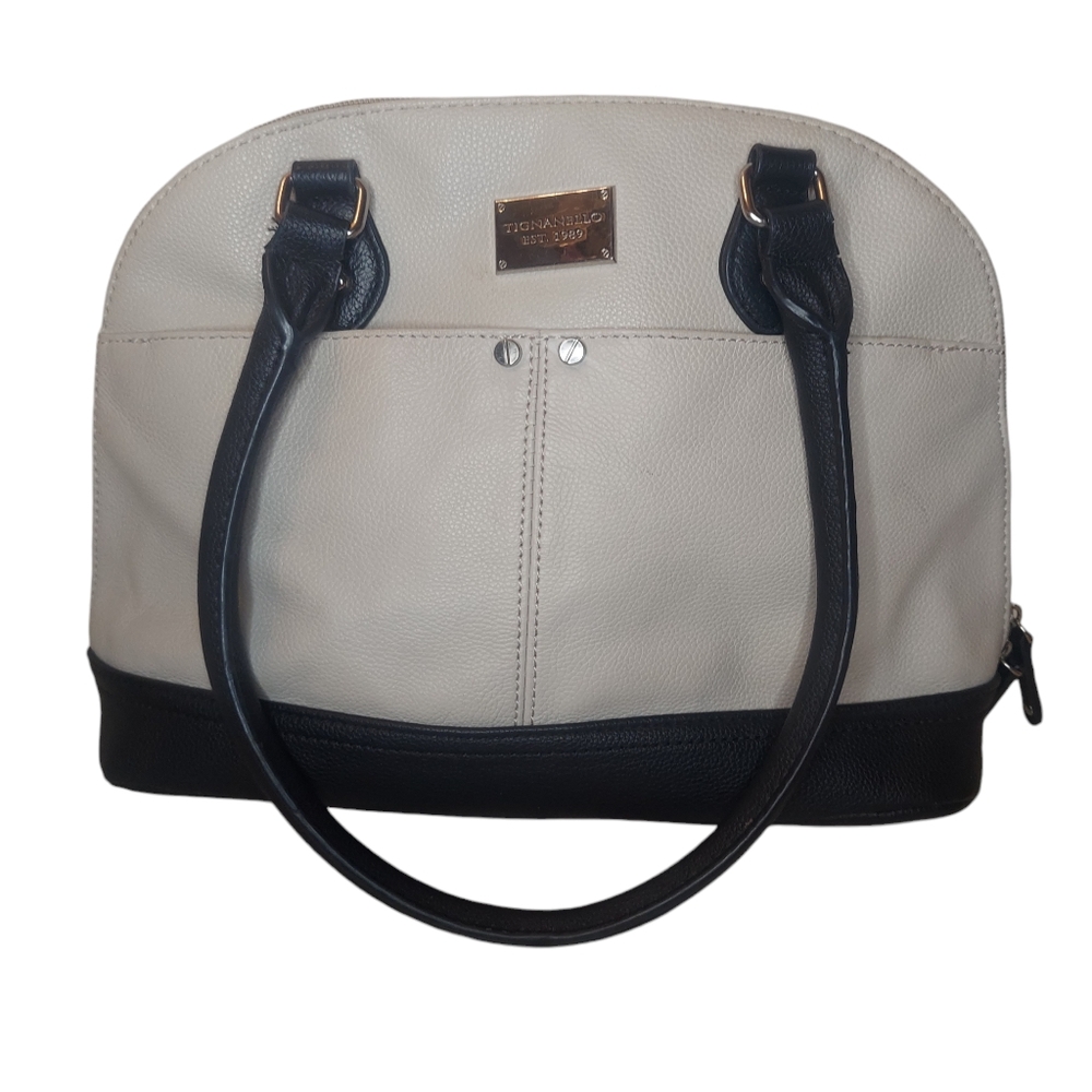 Tiganello Leather Bowler-Style Satchel Bag Beige & Black EUC